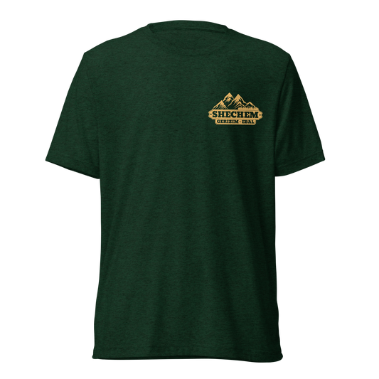 Terse Verse Christian Tee: Shechem
Emerald green t-shirt with yellow design/print on left chest that reads "Shechem Gerizim-Ebal" and features mountains.
Men's Tee / Unisex
Mockup of front.