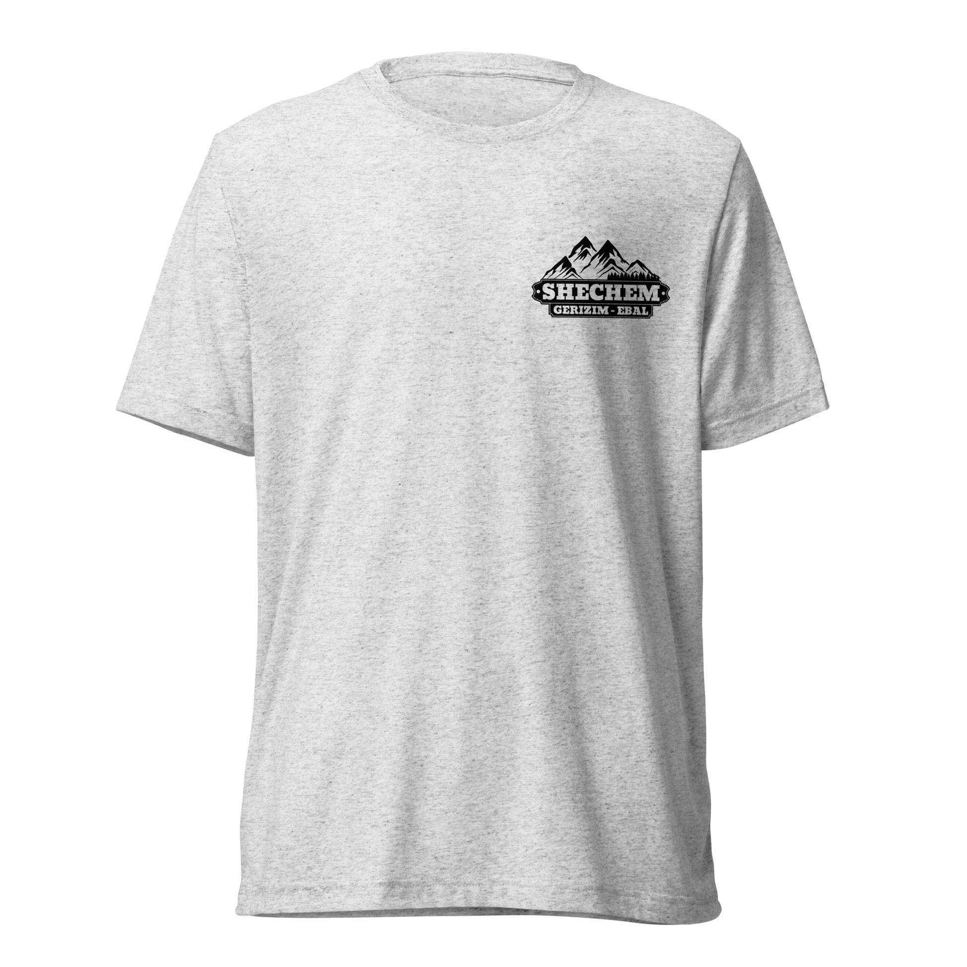 Terse Verse Christian Tee: Shechem
White t-shirt (with dark flecks) with black design/print on left chest that reads "Shechem Gerizim-Ebal" and features mountains.
Men's Tee / Unisex
Mockup of front.