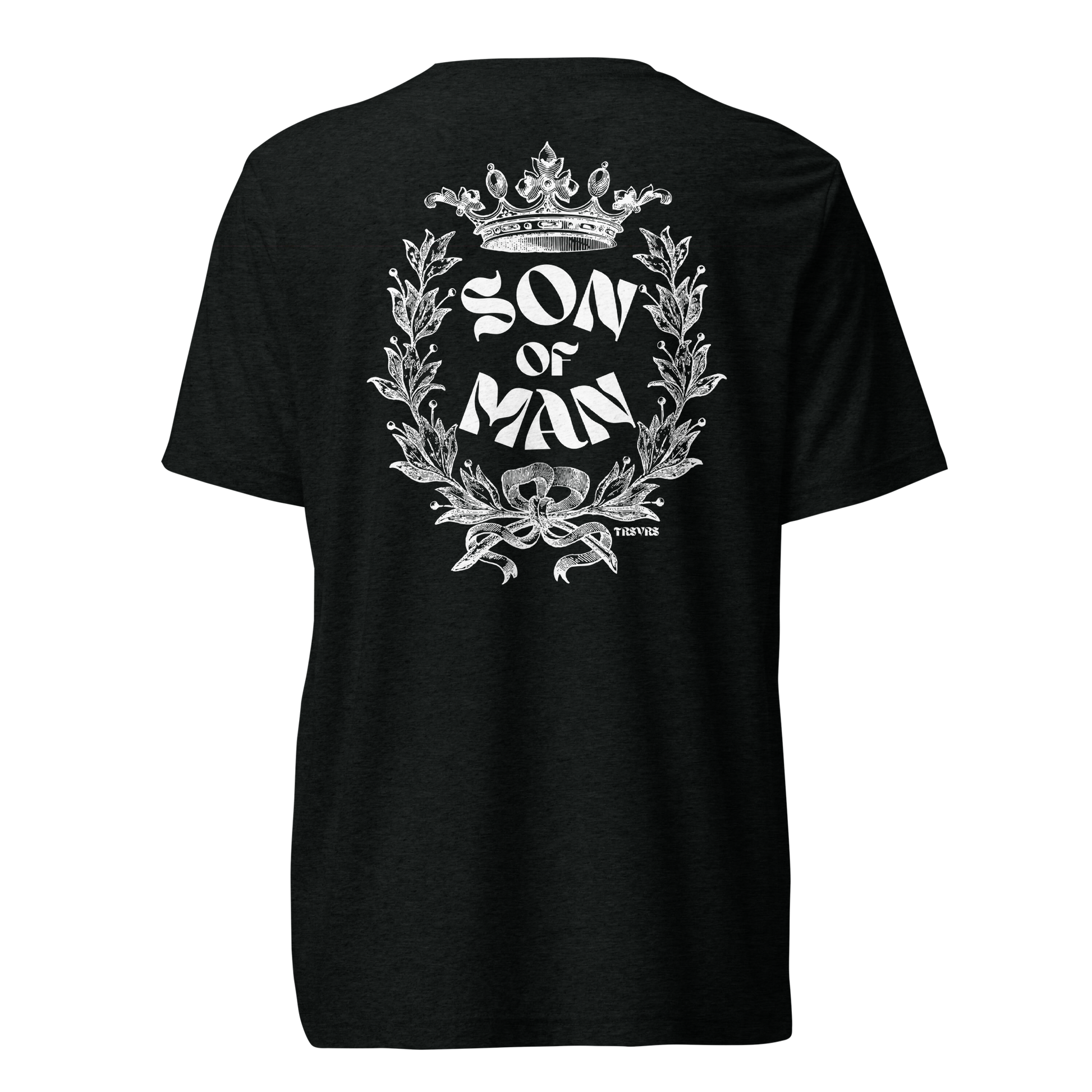 Terse Verse Christian Tee: Son of Man
Black t-shirt with white design/print on back that reads "Son of Man" and features a crown and wreath.
Men's Tee / Unisex
Mockup of back.
