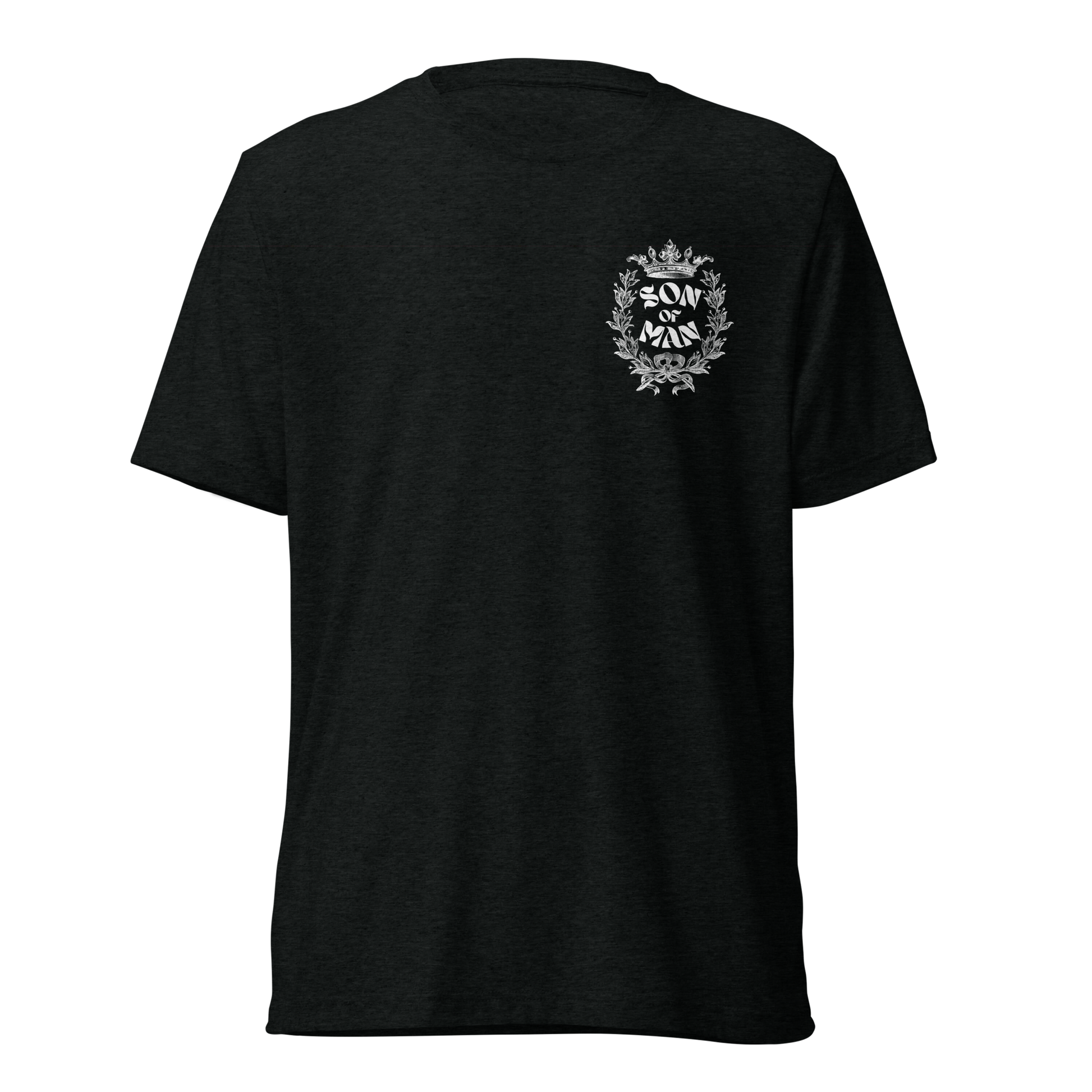 Terse Verse Christian Tee: Son of Man
Black t-shirt with white design/print on left chest that reads "Son of Man" and features a crown and wreath.
Men's Tee / Unisex
Mockup of front.