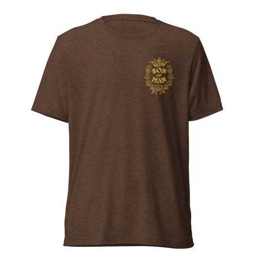 Terse Verse Christian Tee: Son of Man
Brown t-shirt with bold yellow/gold design/print on left chest that reads "Son of Man" and features a crown and wreath.
Men's Tee / Unisex
Mockup of front.