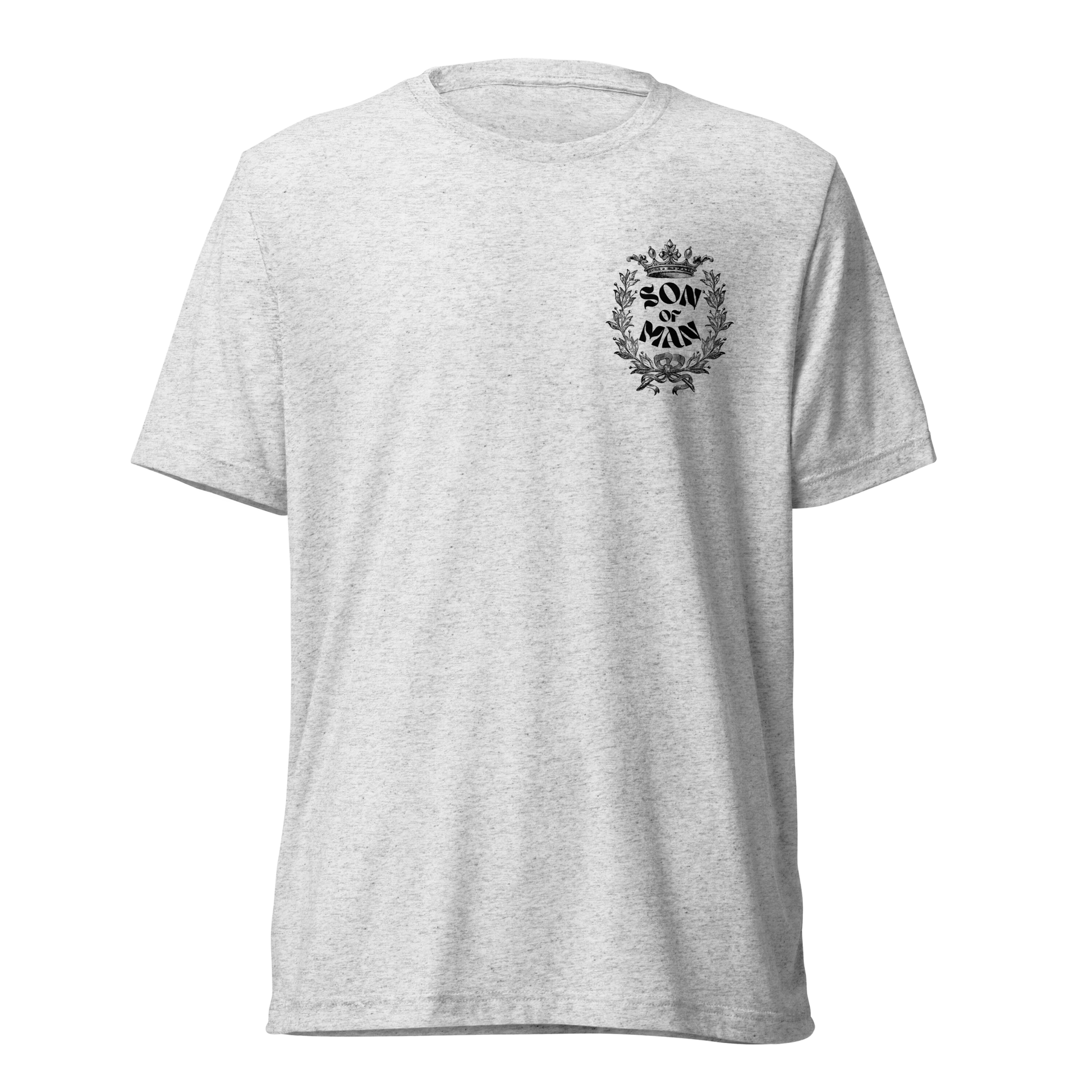 Terse Verse Christian Tee: Son of Man
White t-shirt (with dark flecks) with black design/print on left chest that reads "Son of Man" and features a crown and wreath.
Men's Tee / Unisex
Mockup of front.