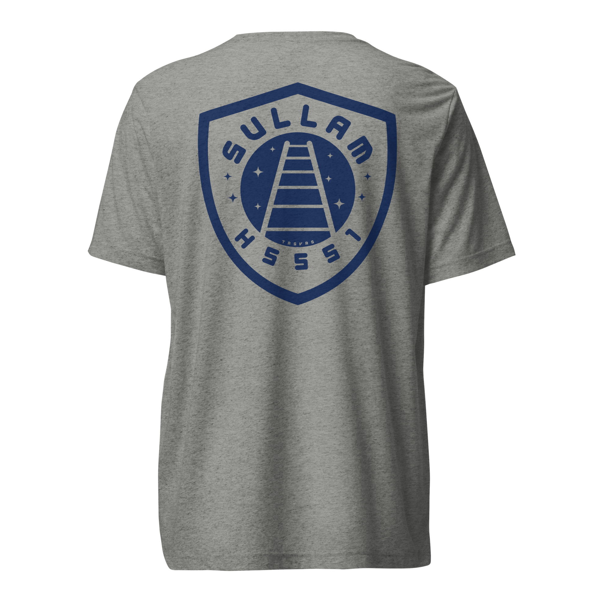 Terse Verse Christian Tee: Sullam
Athletic grey t-shirt with navy design/print on back that reads "Sullam" and features a ladder stretching up into the night sky along with the Strong's Concordance Hebrew number H5551. 
Men's Tee / Unisex
Mockup of back.