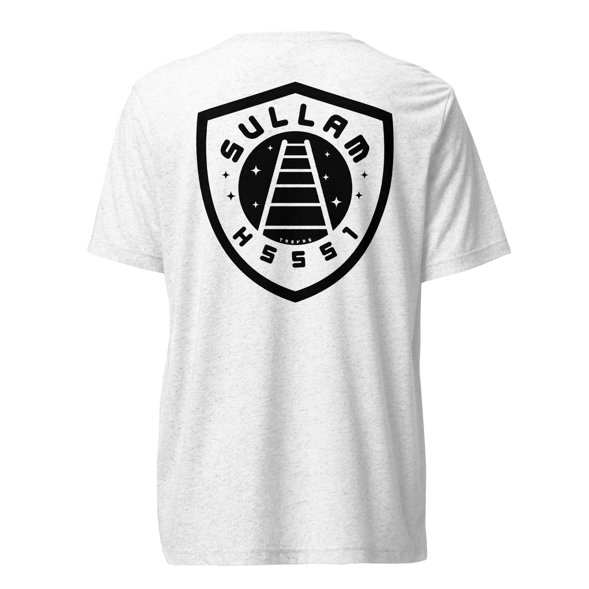 Terse Verse Christian Tee: Sullam
White t-shirt with black design/print on back that reads "Sullam" and features a ladder stretching up into the night sky along with the Strong's Concordance Hebrew number H5551. 
Men's Tee / Unisex
Mockup of back.