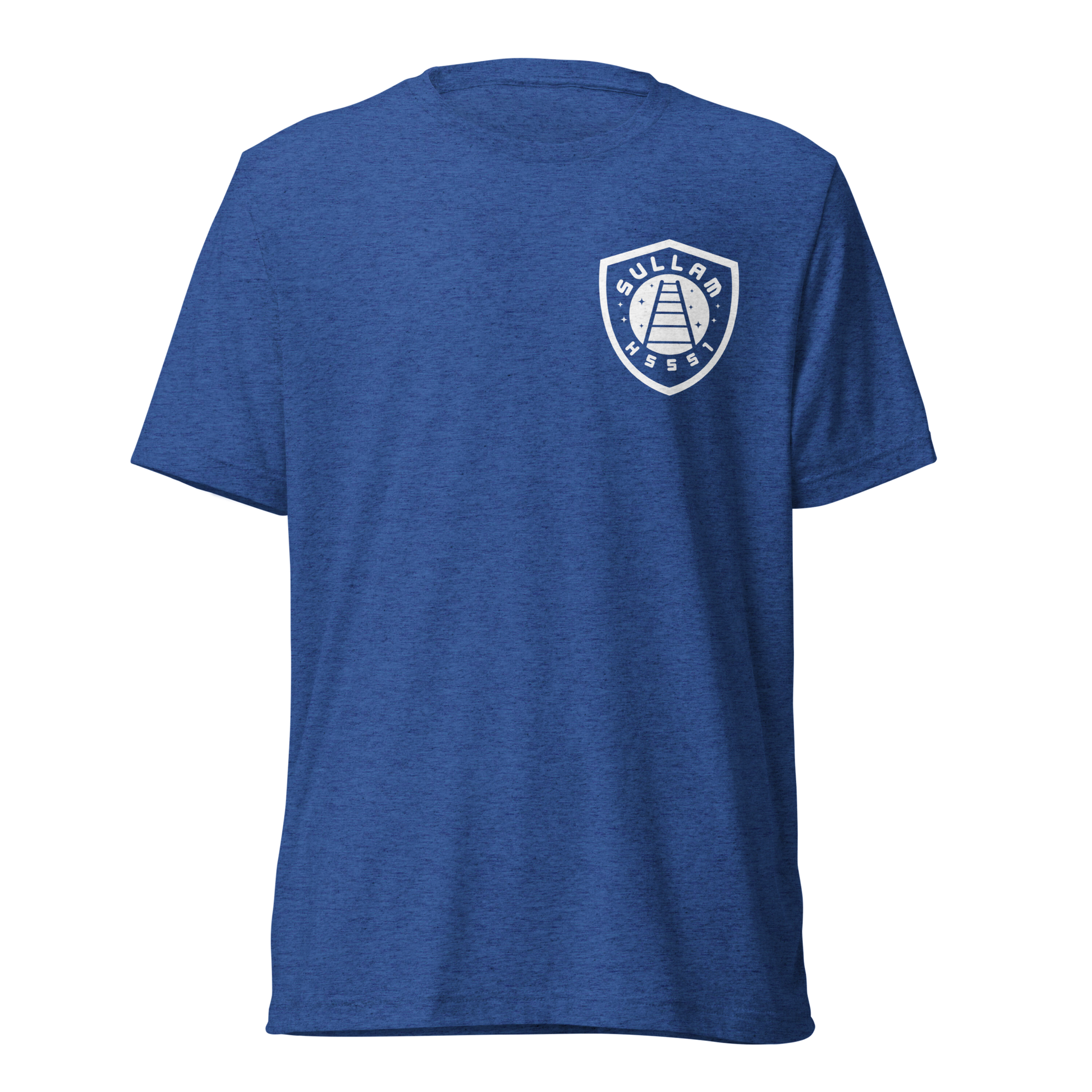 Terse Verse Christian Tee: Sullam
Royal blue t-shirt with white design/print on left chest that reads "Sullam" and features a ladder stretching up into the night sky along with the Strong's Concordance Hebrew number H5551. 
Men's Tee / Unisex
Mockup of front.