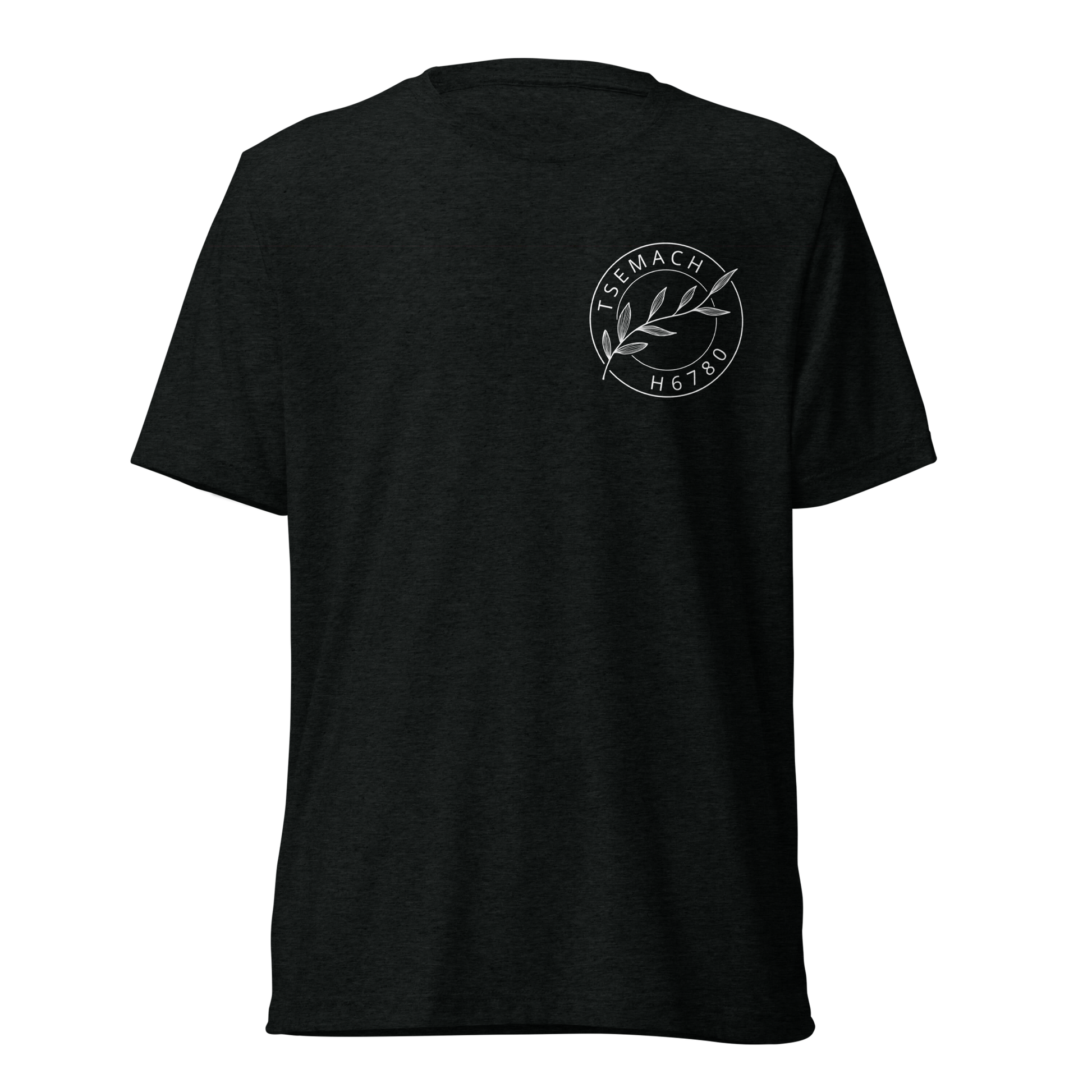 Terse Verse Christian Tee: Tsemach
Black t-shirt with white design/print on left chest that reads "Tsemach" and features a branch with leaves along with the Strong's Concordance Hebrew number H6780. 
Men's Tee / Unisex
Mockup of front.