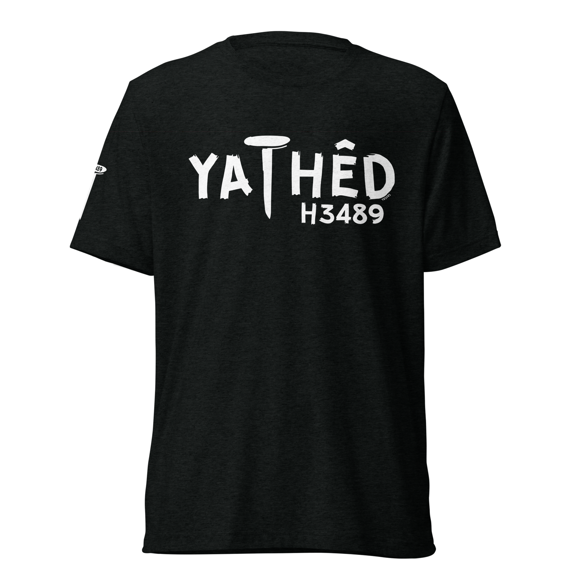 Terse Verse Christian Tee: Yathed
Black t-shirt with white design/print on chest that reads "Yathed" along with the Strong's Concordance Hebrew number H3489.
Men's Tee / Unisex
Mockup of front.