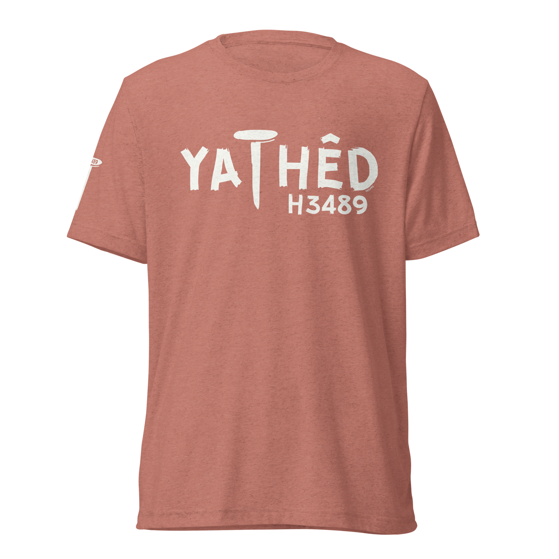 Terse Verse Christian Tee: Yathed
Mauve t-shirt with cream design/print on chest that reads "Yathed" along with the Strong's Concordance Hebrew number H3489.
Men's Tee / Unisex
Mockup of front.