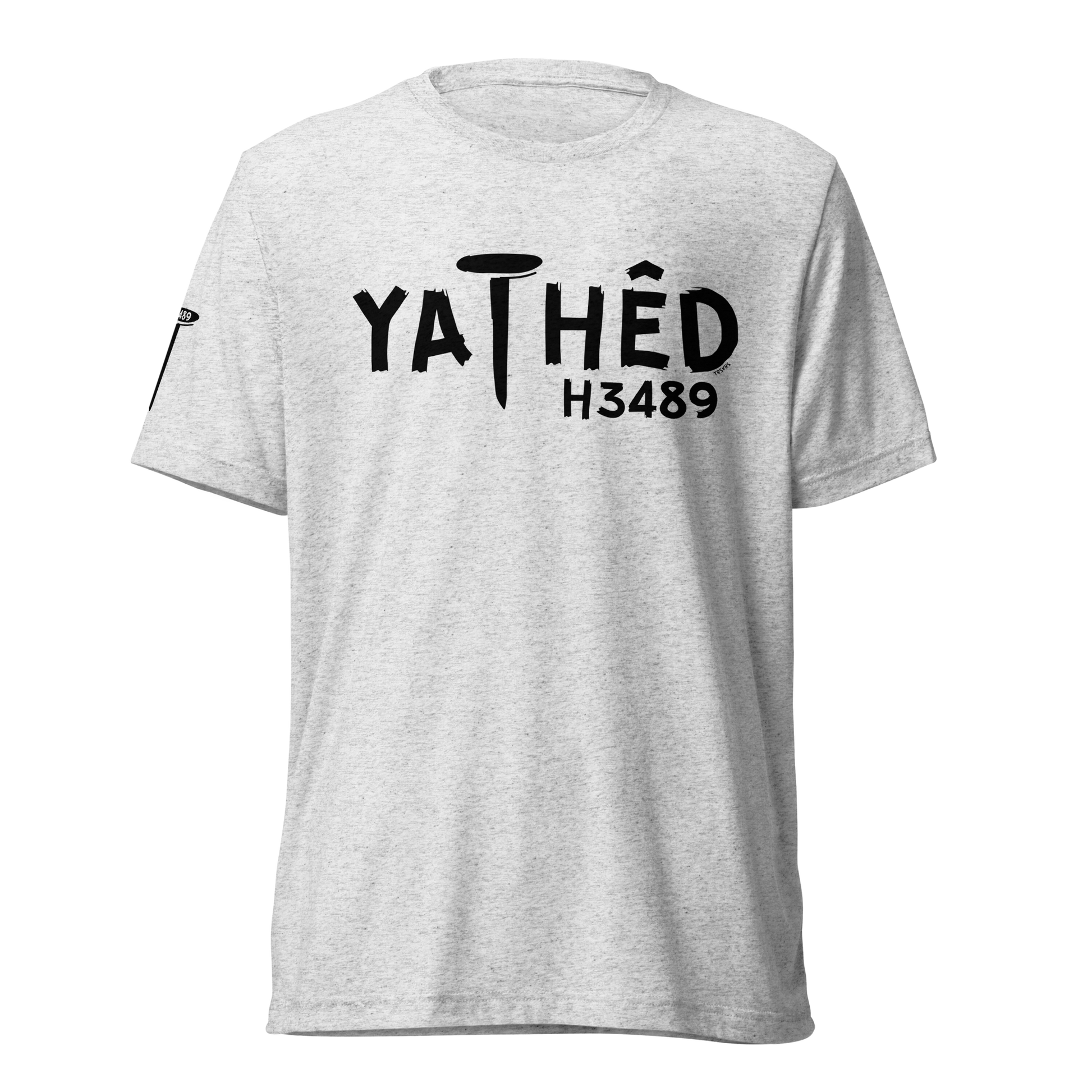 Terse Verse Christian Tee: Yathed
White t-shirt (with dark flecks) with black design/print on chest that reads "Yathed" along with the Strong's Concordance Hebrew number H3489.
Men's Tee / Unisex
Mockup of front.