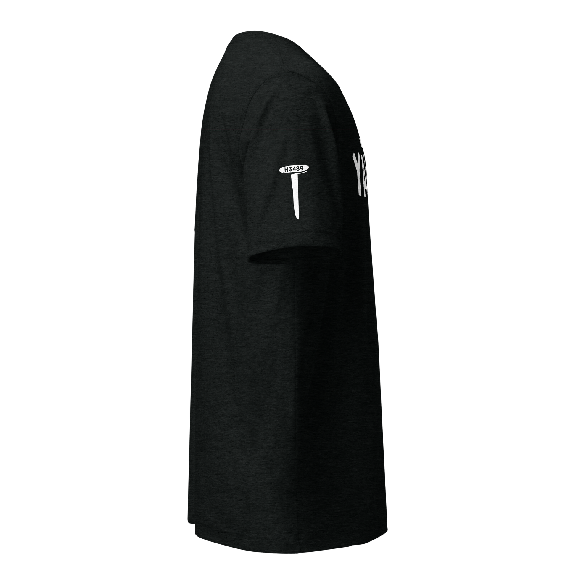 Terse Verse Christian Tee: Yathed
Black t-shirt with white design/print on right sleeve featuring a nail and the Strong's Concordance Hebrew number H3489.
Men's Tee / Unisex
Mockup of right sleeve.