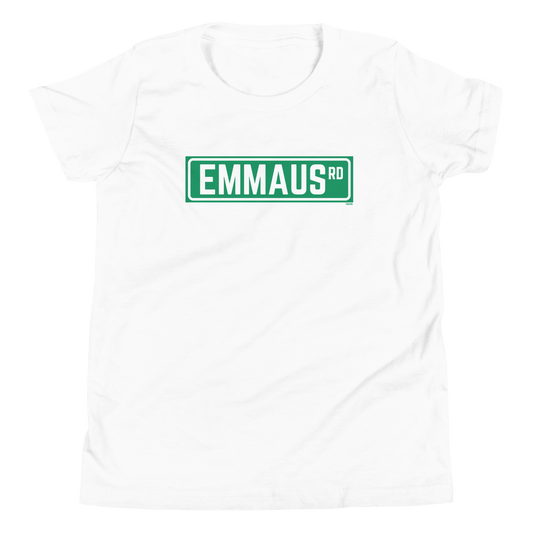 Terse Verse Christian Tee: Emmaus
White t-shirt with green design/print on chest that reads "Emmaus" as a street sign.
Youth (Kids) Tee / Unisex
Mockup of front.