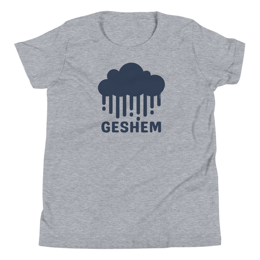 Terse Verse Christian Tee: Geshem
Athletic heather grey t-shirt with navy blue design/print on chest that reads "Geshem" and features a cloud and rain.
Youth (Kids) Tee / Unisex
Mockup of front.