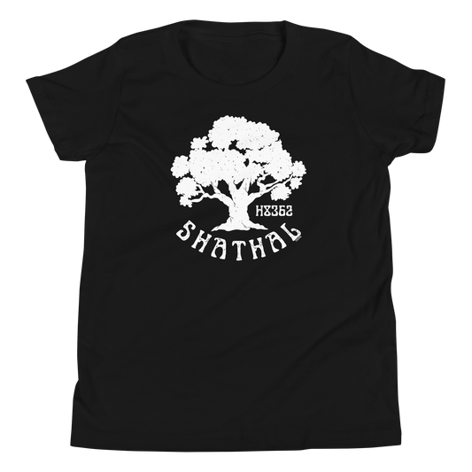 Terse Verse Christian Tee: Shathal
Black t-shirt with white design/print on chest that reads "Shathal" and features a tree and the Strong's Concordance Hebrew number H8362.
Youth (Kids) Tee / Unisex
Mockup of front.