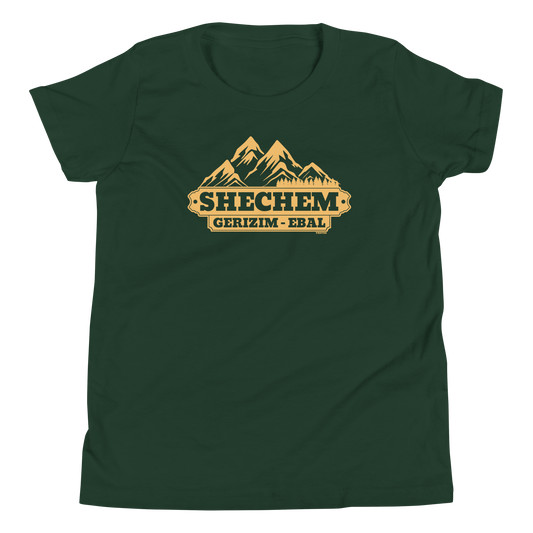 Terse Verse Christian Tee: Shechem
Forest green t-shirt with yellow design/print on chest that reads "Shechem Gerizim-Ebal" and features mountains.
Youth (Kids) Tee / Unisex
Mockup of front.