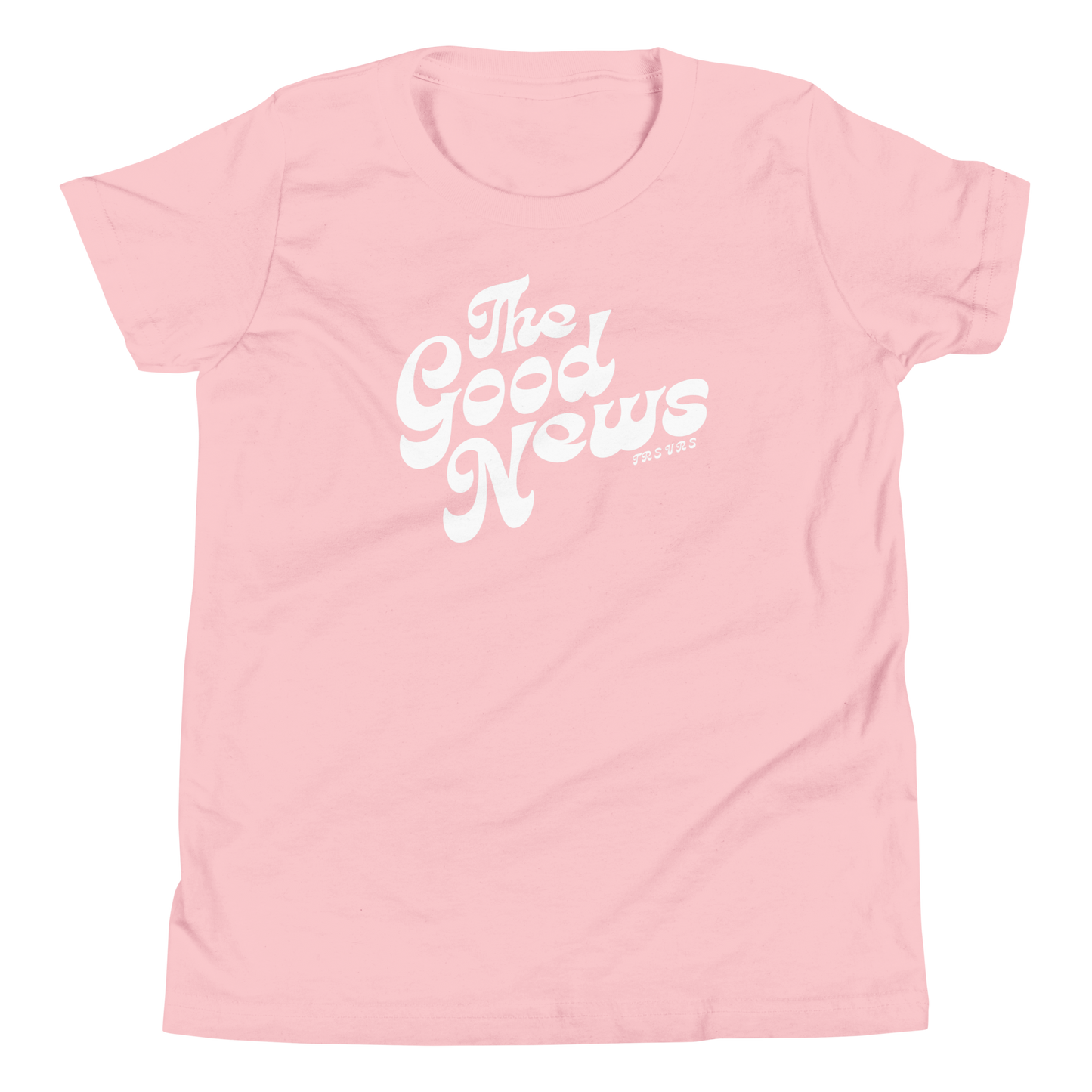 Terse Verse Christian Tee: The Good News
Pink t-shirt with white design/print on front that reads "The Good News".
Youth (Kids) Tee / Unisex
Mockup of front.