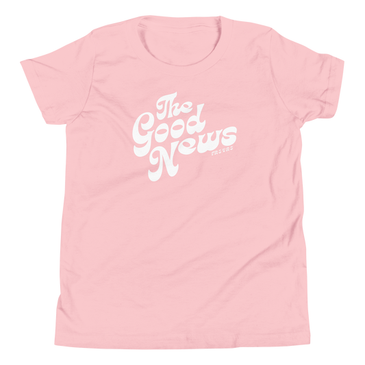 Terse Verse Christian Tee: The Good News
Pink t-shirt with white design/print on front that reads "The Good News".
Youth (Kids) Tee / Unisex
Mockup of front.