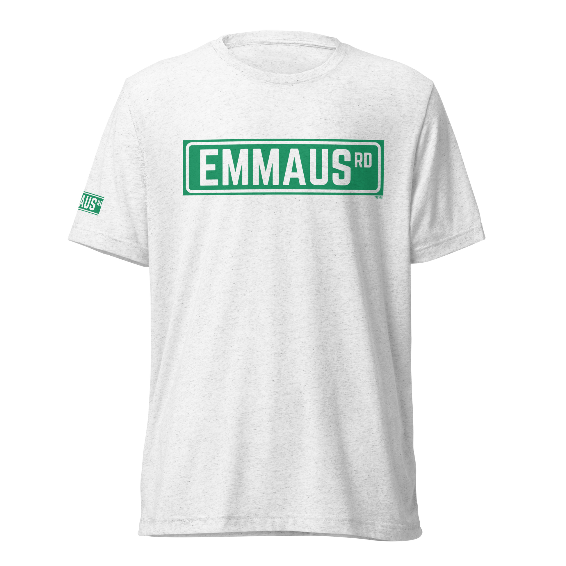 Terse Verse Christian Tee: Emmaus
White t-shirt with green design/print on chest that reads "Emmaus" as a street sign.
Men's Tee / Unisex
Mockup of front. 