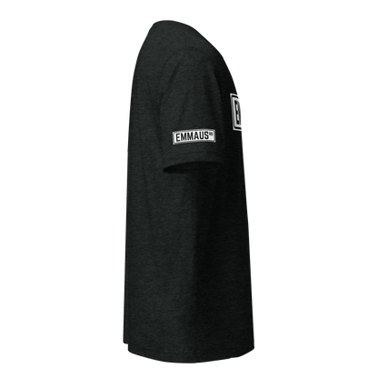 Terse Verse Christian Tee: Emmaus
Charcoal t-shirt with white design/print on right sleeve that reads "Emmaus" as a street sign.
Men's Tee / Unisex
Mockup of right sleeve.