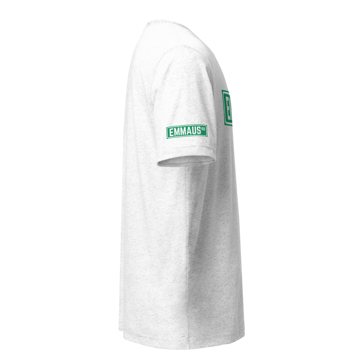 Terse Verse Christian Tee: Emmaus
White t-shirt with green design/print on right sleeve that reads "Emmaus" as a street sign.
Men's Tee / Unisex
Mockup of right sleeve.
