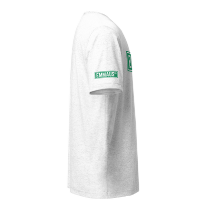 Terse Verse Christian Tee: Emmaus
White t-shirt with green design/print on right sleeve that reads "Emmaus" as a street sign.
Men's Tee / Unisex
Mockup of right sleeve.