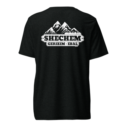 Terse Verse Christian Tee: Shechem
Black t-shirt with white design/print on back that reads "Shechem Gerizim-Ebal" and features mountains.
Men's Tee / Unisex
Mockup of back.