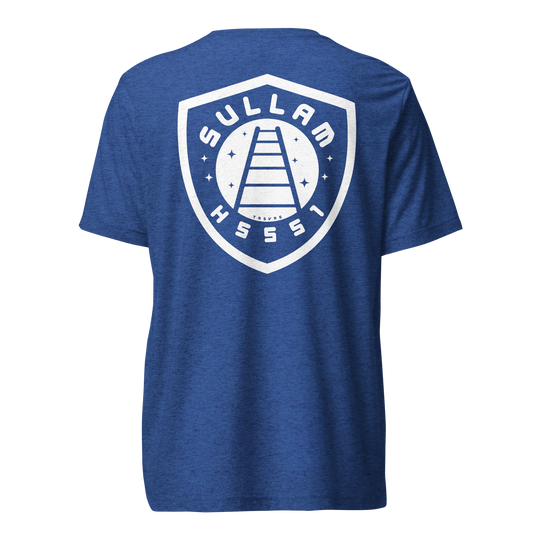 Terse Verse Christian Tee: Sullam
Royal blue t-shirt with white design/print on back that reads "Sullam" and features a ladder stretching up into the night sky along with the Strong's Concordance Hebrew number H5551. 
Men's Tee / Unisex
Mockup of back.