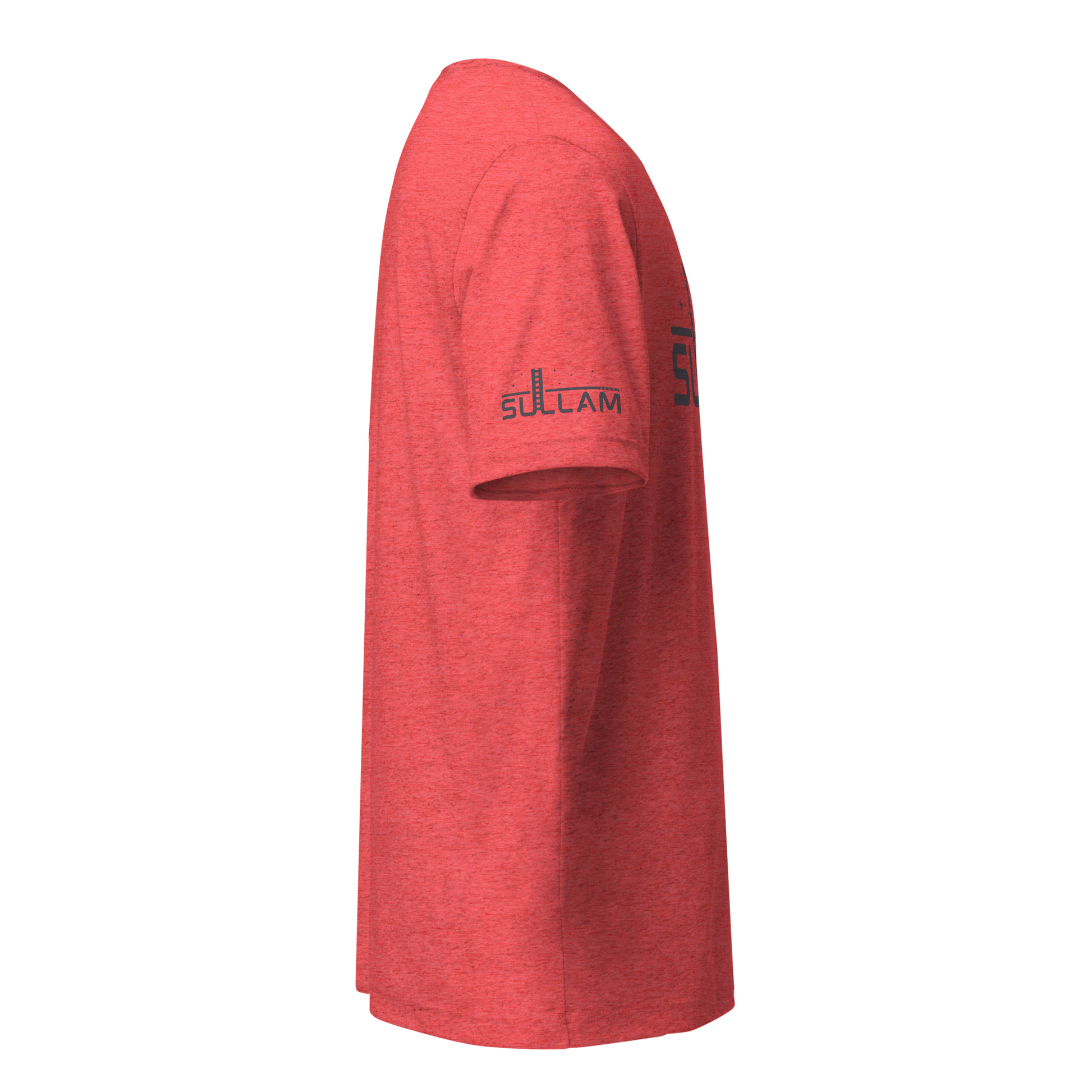 Terse Verse Christian Tee: Sullam
Red t-shirt with gray design/print on right sleeve that reads "Sullam" and features a ladder and stars. 
Men's Tee / Unisex
Mockup of right sleeve.