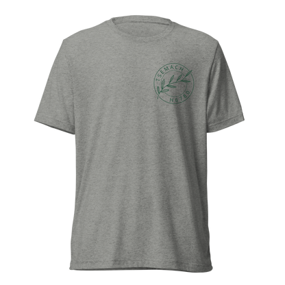 Terse Verse Christian Tee: Tsemach
Athletic grey t-shirt with green design/print on left chest that reads "Tsemach" and features a branch with leaves along with the Strong's Concordance Hebrew number H6780. 
Men's Tee / Unisex
Mockup of front.