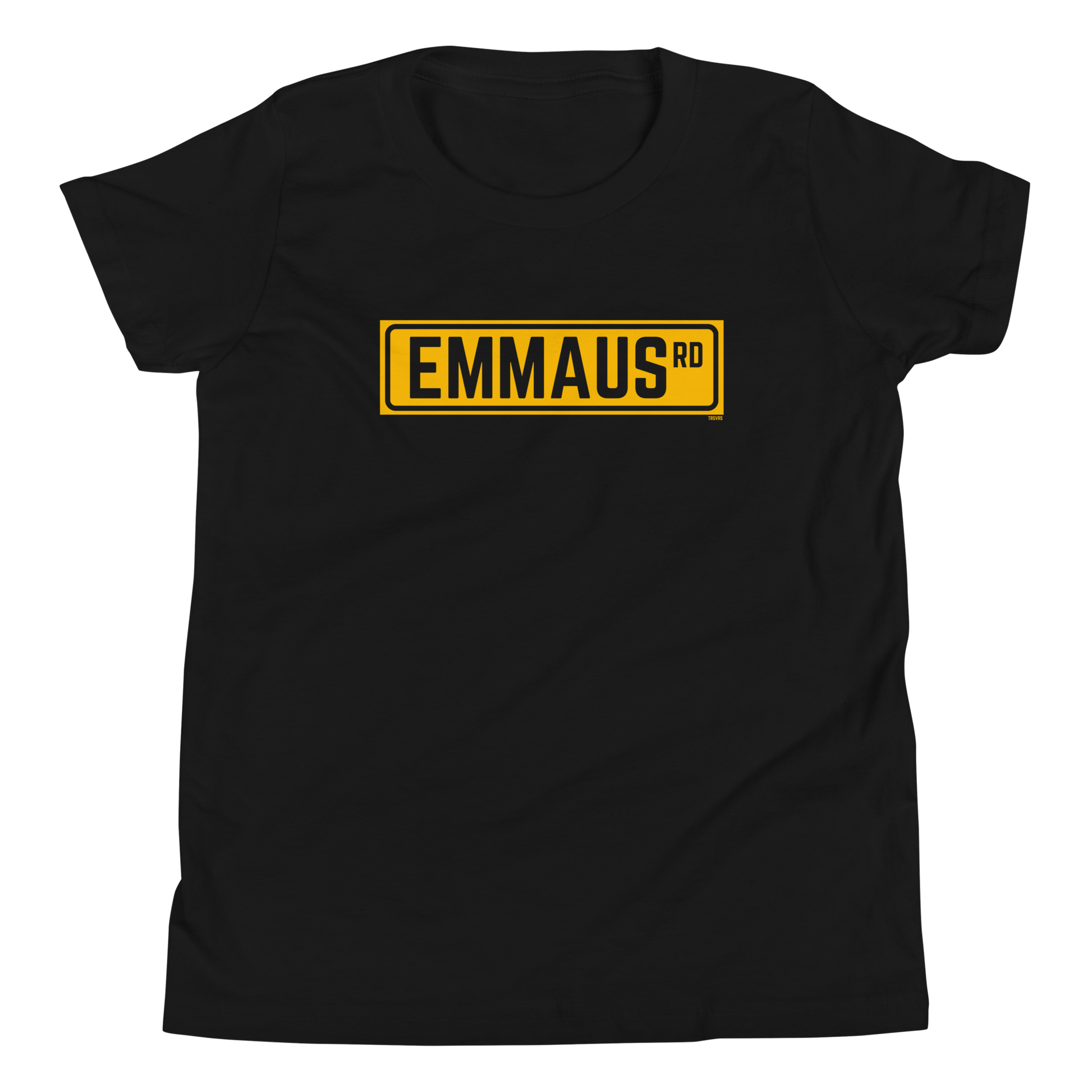 Terse Verse Christian Tee: Emmaus
Black t-shirt with bold yellow design/print on chest that reads "Emmaus" as a street sign.
Youth (Kids) Tee / Unisex
Mockup of front. 