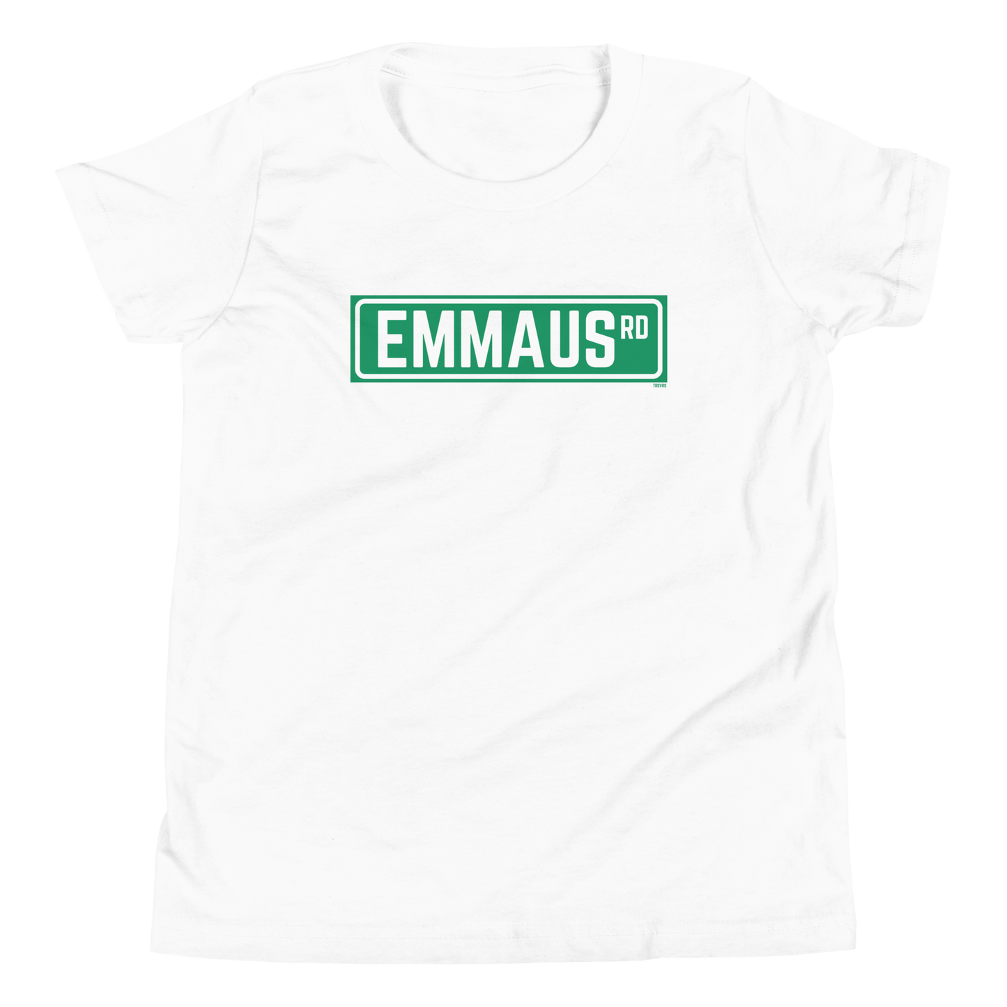 Terse Verse Christian Tee: Emmaus
White t-shirt with green design/print on chest that reads "Emmaus" as a street sign.
Youth (Kids) Tee / Unisex
Mockup of front. 