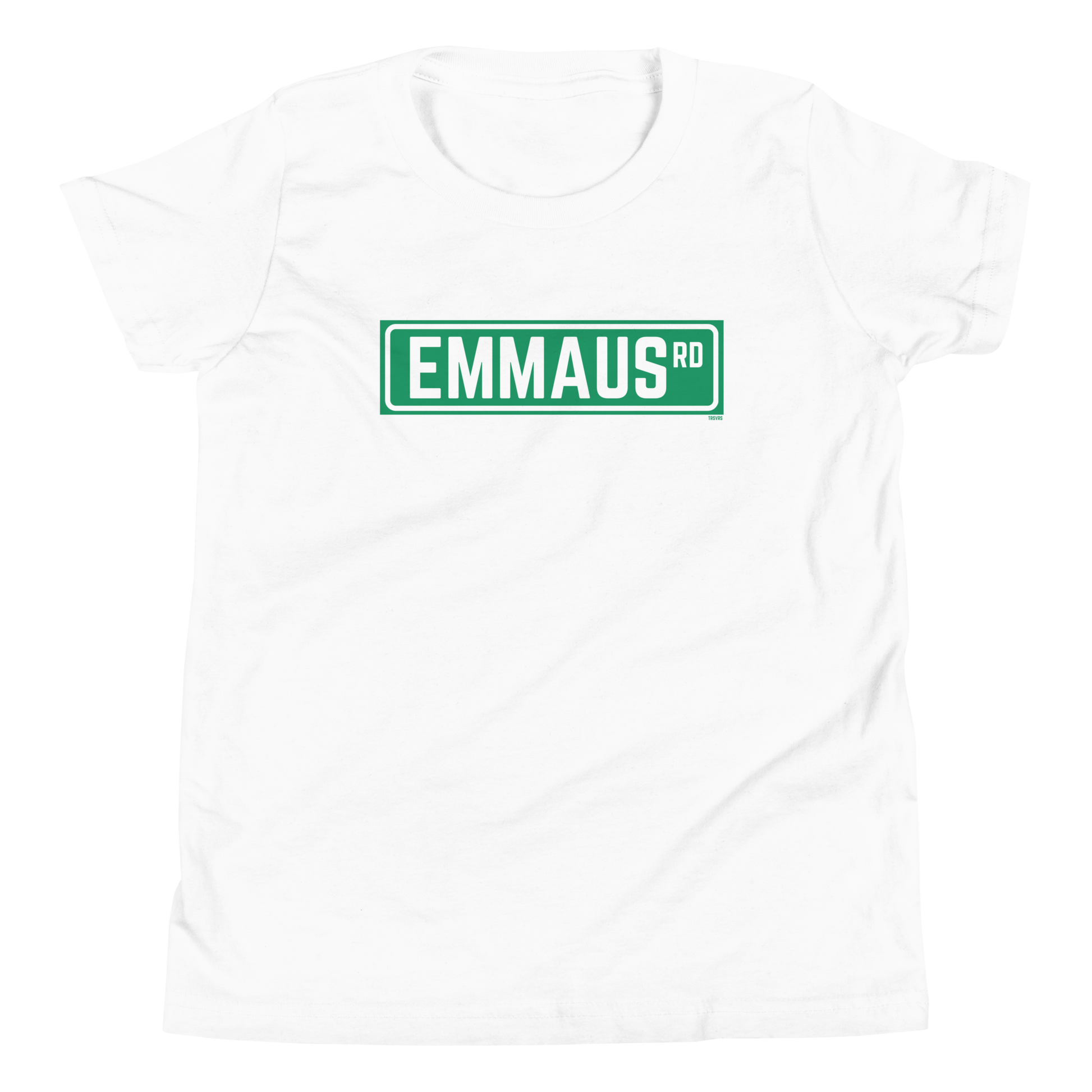 Terse Verse Christian Tee: Emmaus
White t-shirt with green design/print on chest that reads "Emmaus" as a street sign.
Youth (Kids) Tee / Unisex
Mockup of front. 