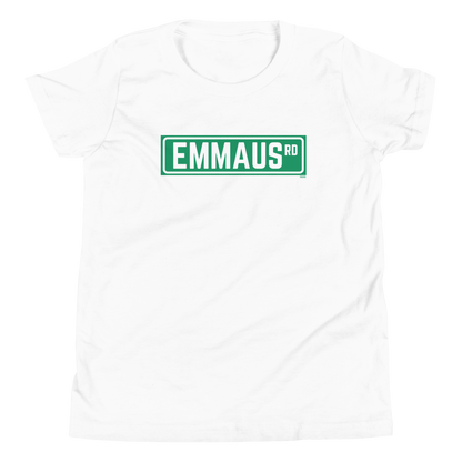 Terse Verse Christian Tee: Emmaus
White t-shirt with green design/print on chest that reads "Emmaus" as a street sign.
Youth (Kids) Tee / Unisex
Mockup of front. 