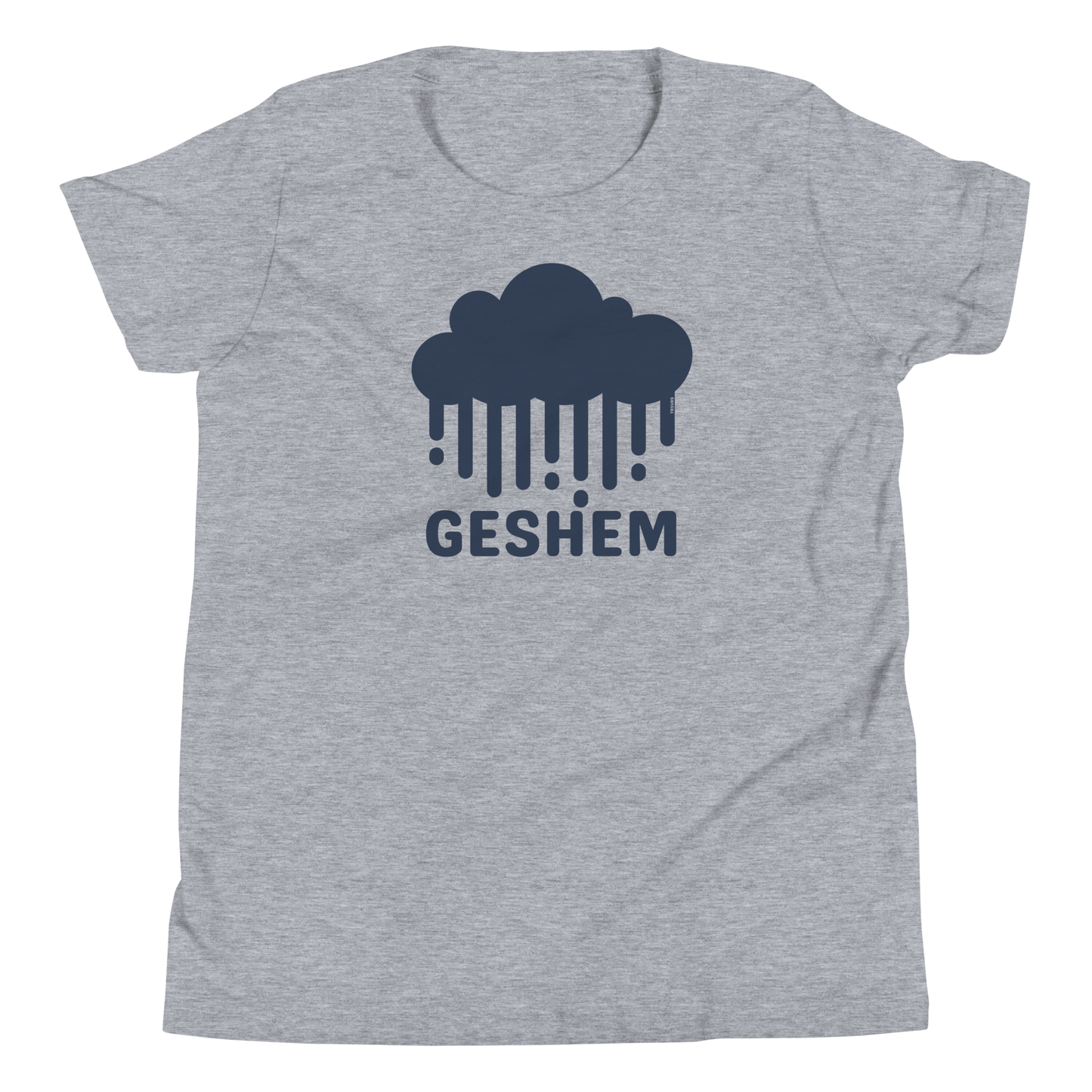 Terse Verse Christian Tee: Geshem
Athletic heather grey t-shirt with navy blue design/print on chest that reads "Geshem" and features a cloud and rain.
Youth (Kids) Tee / Unisex
Mockup of front.