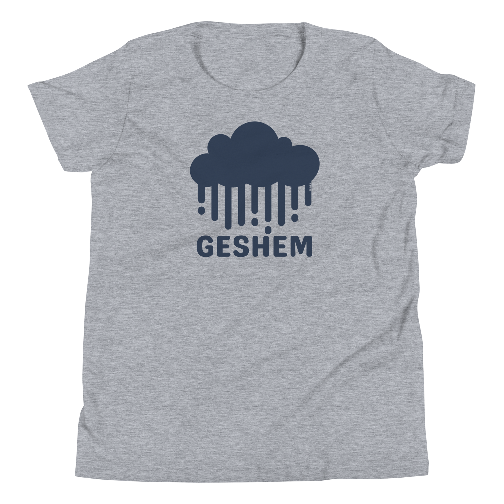 Terse Verse Christian Tee: Geshem
Athletic heather grey t-shirt with navy blue design/print on chest that reads "Geshem" and features a cloud and rain.
Youth (Kids) Tee / Unisex
Mockup of front.