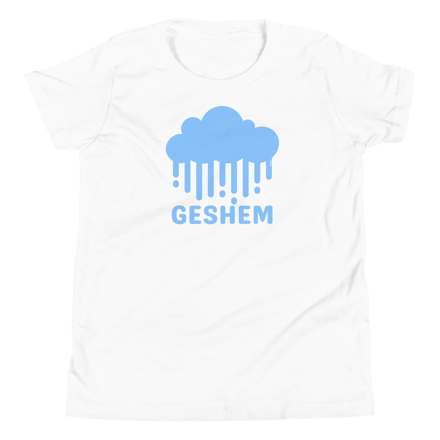 Terse Verse Christian Tee: Geshem
White t-shirt with baby blue design/print on chest that reads "Geshem" and features a cloud and rain.
Youth (Kids) Tee / Unisex
Mockup of front.