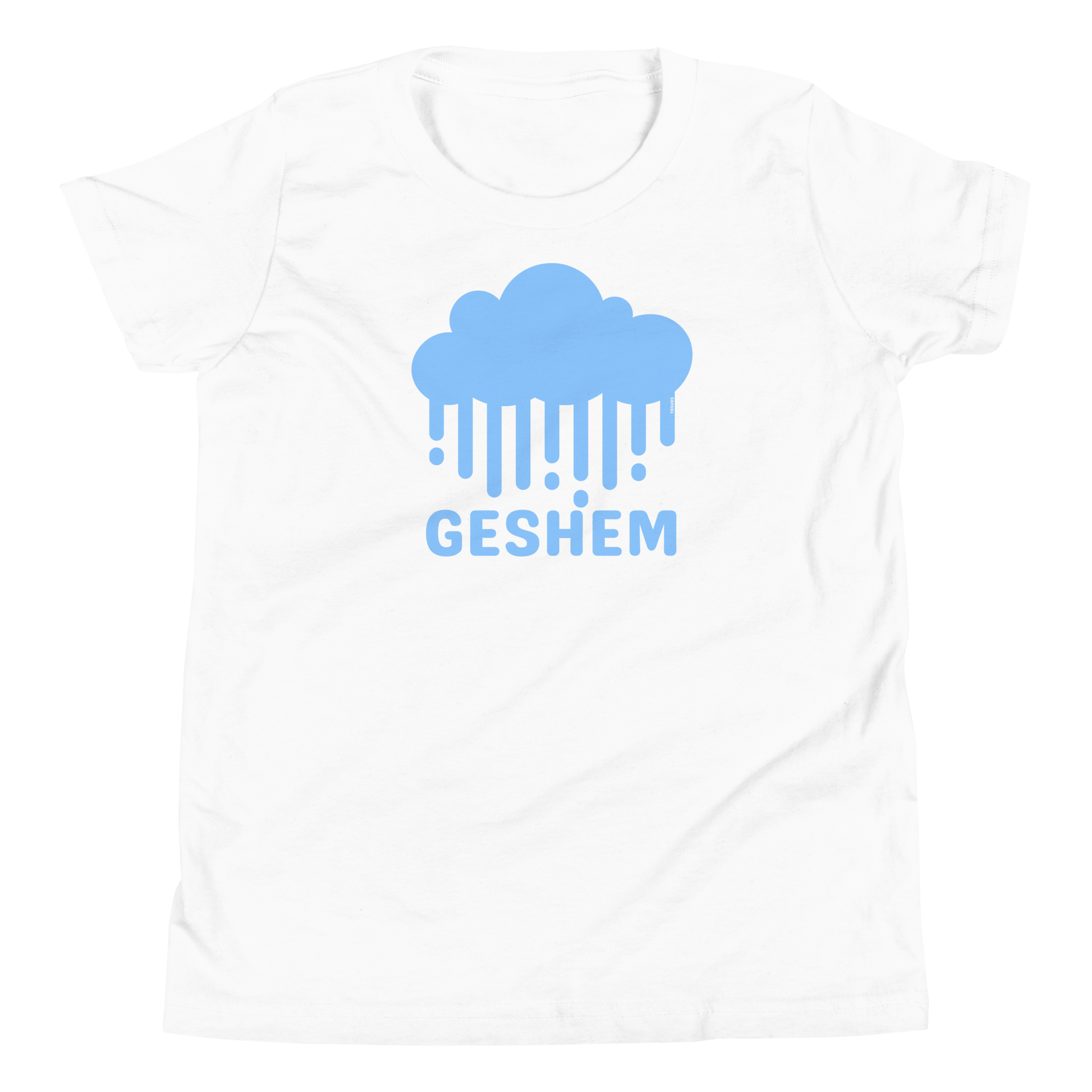Terse Verse Christian Tee: Geshem
White t-shirt with baby blue design/print on chest that reads "Geshem" and features a cloud and rain.
Youth (Kids) Tee / Unisex
Mockup of front.