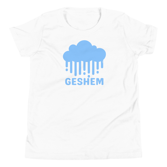 Terse Verse Christian Tee: Geshem
White t-shirt with baby blue design/print on chest that reads "Geshem" and features a cloud and rain.
Youth (Kids) Tee / Unisex
Mockup of front.