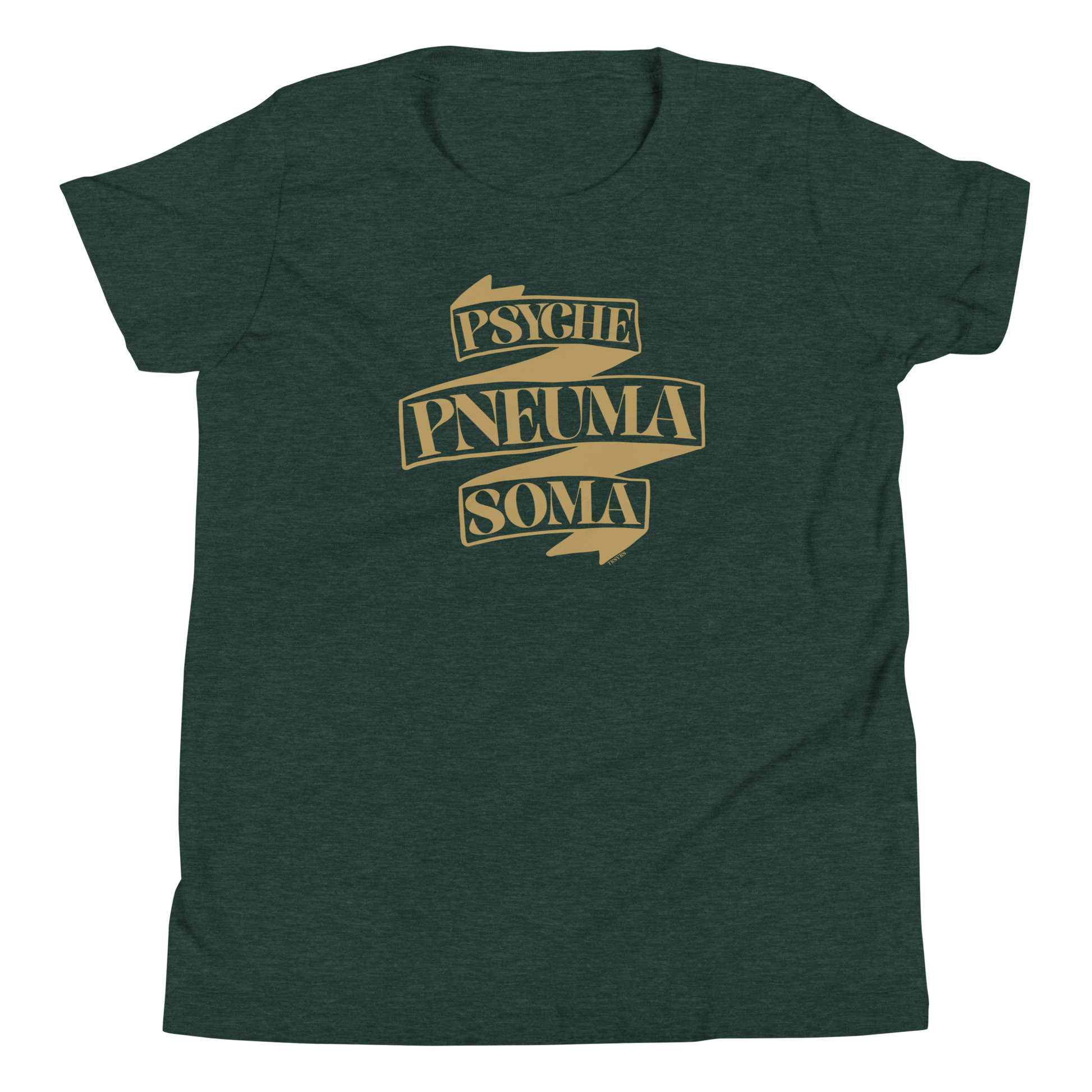 Terse Verse Christian Tee: Pneuma Psyche Soma
Heather forest green t-shirt with matte gold design/print on chest that reads "Pneuma Psyche Soma" on a banner.
Youth (Kids) Tee / Unisex
Mockup of front.