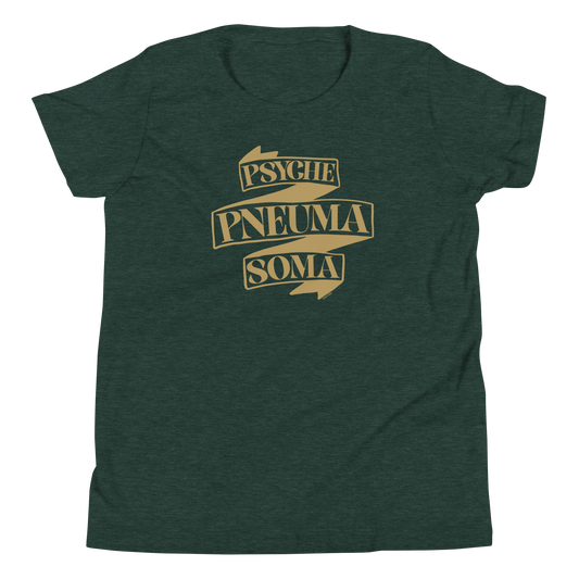 Terse Verse Christian Tee: Pneuma Psyche Soma
Heather forest green t-shirt with matte gold design/print on chest that reads "Pneuma Psyche Soma" on a banner.
Youth (Kids) Tee / Unisex
Mockup of front.