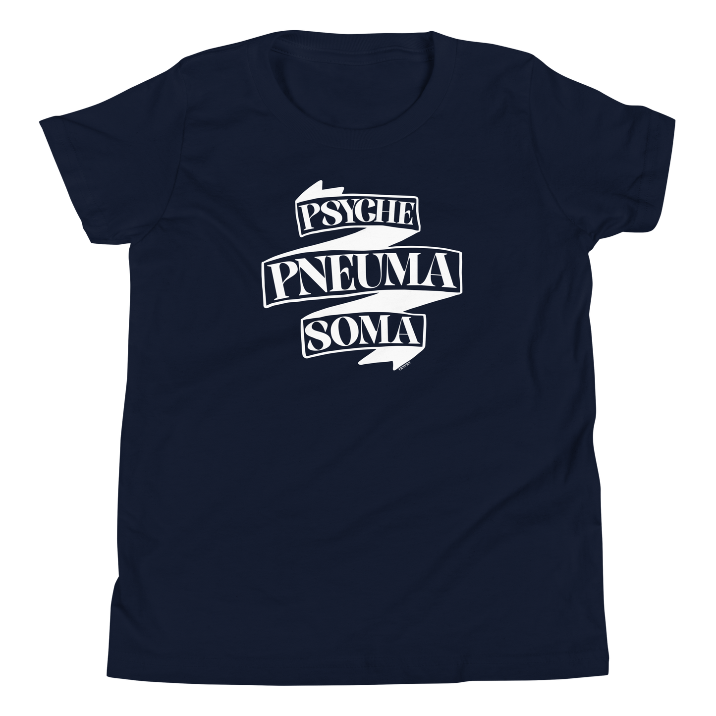 Terse Verse Christian Tee: Pneuma Psyche Soma
Navy t-shirt with white design/print on chest that reads "Pneuma Psyche Soma" on a banner.
Youth (Kids) Tee / Unisex
Mockup of front.