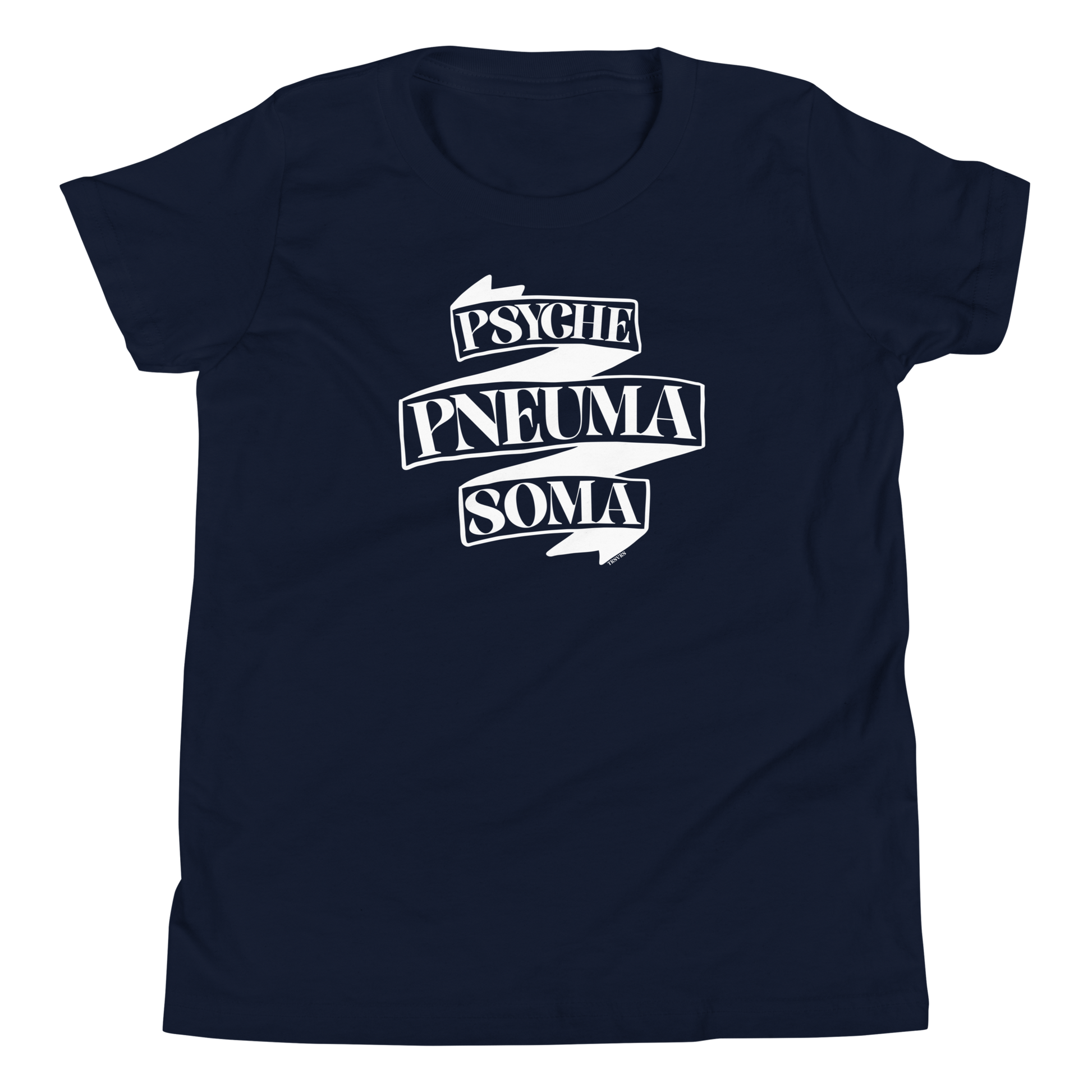 Terse Verse Christian Tee: Pneuma Psyche Soma
Navy t-shirt with white design/print on chest that reads "Pneuma Psyche Soma" on a banner.
Youth (Kids) Tee / Unisex
Mockup of front.