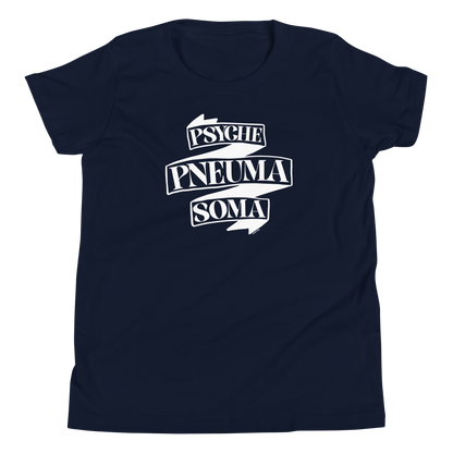 Terse Verse Christian Tee: Pneuma Psyche Soma
Navy t-shirt with white design/print on chest that reads "Pneuma Psyche Soma" on a banner.
Youth (Kids) Tee / Unisex
Mockup of front.