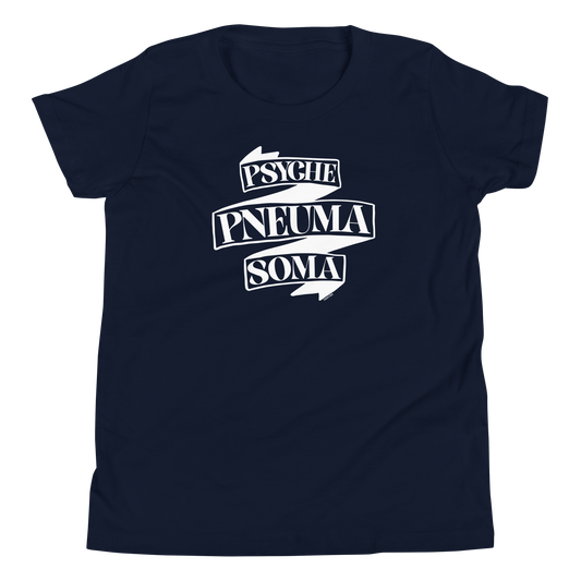 Terse Verse Christian Tee: Pneuma Psyche Soma
Navy t-shirt with white design/print on chest that reads "Pneuma Psyche Soma" on a banner.
Youth (Kids) Tee / Unisex
Mockup of front.