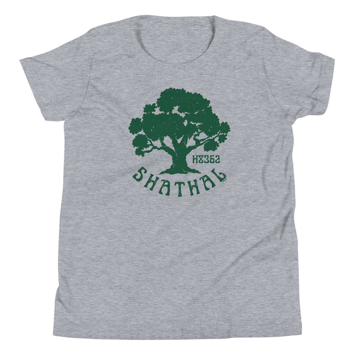 Terse Verse Christian Tee: Shathal
Athletic heather gray t-shirt with green design/print on chest that reads "Shathal" and features a tree and the Strong's Concordance Hebrew number H8362. 
Youth (Kids) Tee / Unisex
Mockup of front.