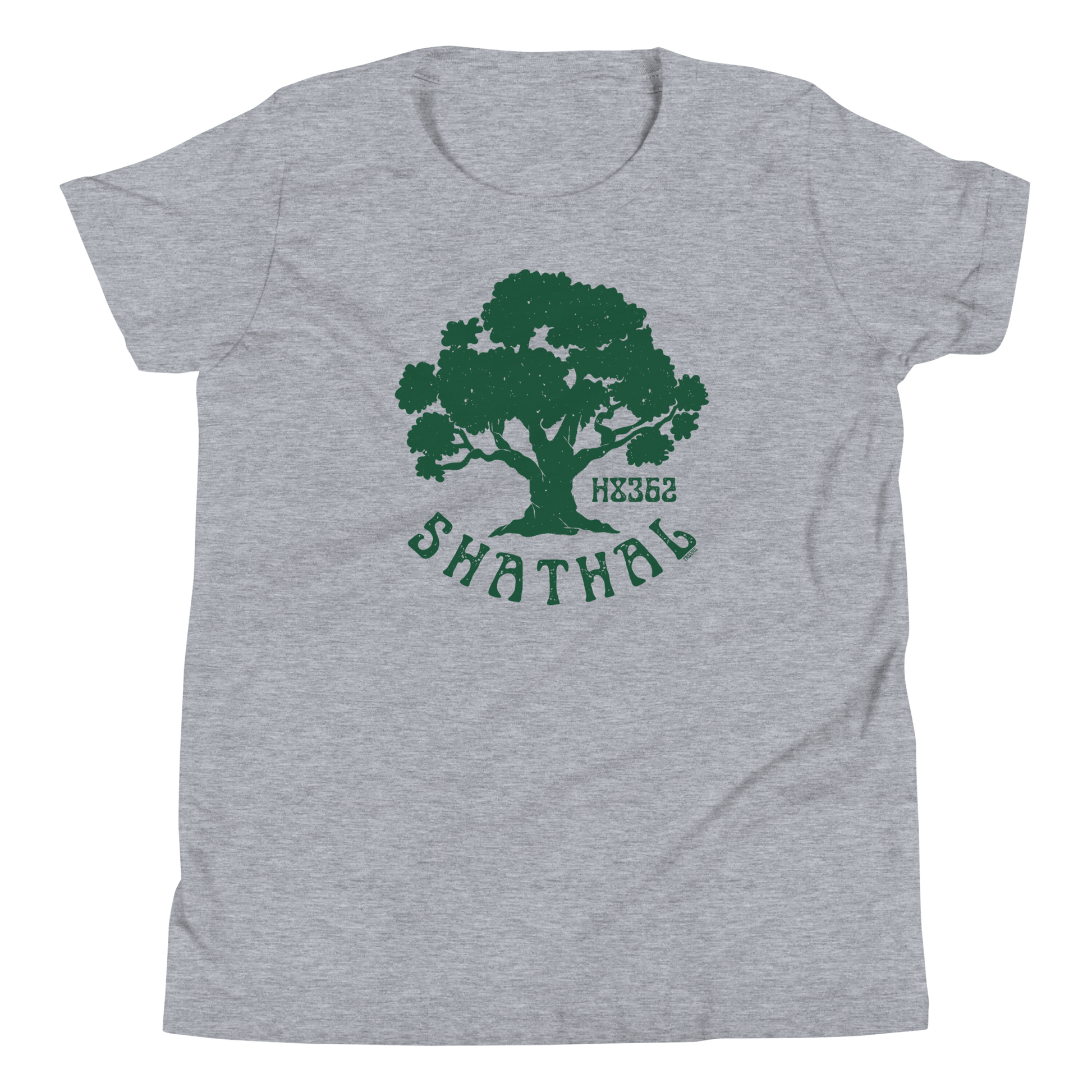 Terse Verse Christian Tee: Shathal
Athletic heather gray t-shirt with green design/print on chest that reads "Shathal" and features a tree and the Strong's Concordance Hebrew number H8362. 
Youth (Kids) Tee / Unisex
Mockup of front.
