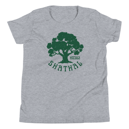 Terse Verse Christian Tee: Shathal
Athletic heather gray t-shirt with green design/print on chest that reads "Shathal" and features a tree and the Strong's Concordance Hebrew number H8362. 
Youth (Kids) Tee / Unisex
Mockup of front.