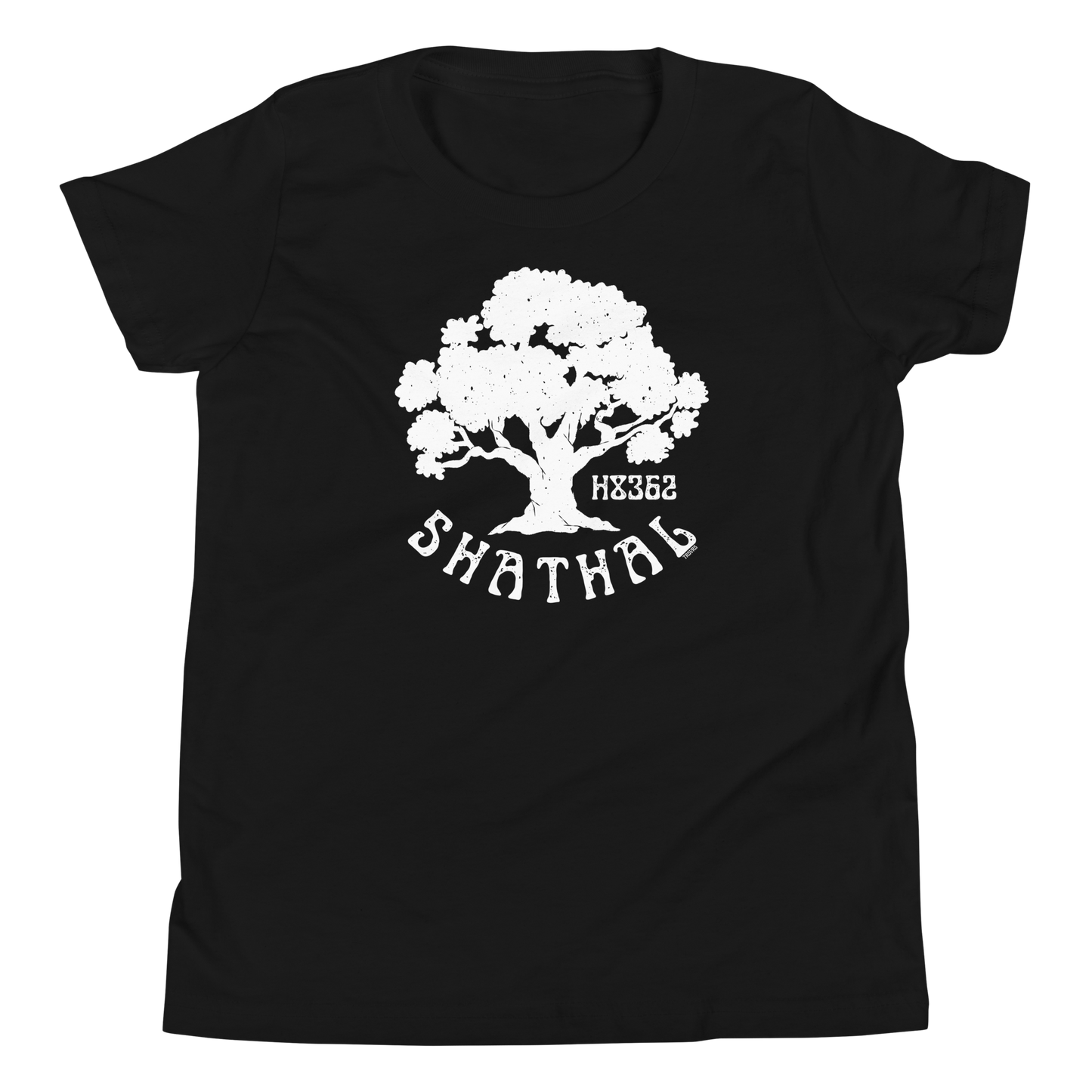 Terse Verse Christian Tee: Shathal
Black t-shirt with white design/print on chest that reads "Shathal" and features a tree and the Strong's Concordance Hebrew number H8362. 
Youth (Kids) Tee / Unisex
Mockup of front.