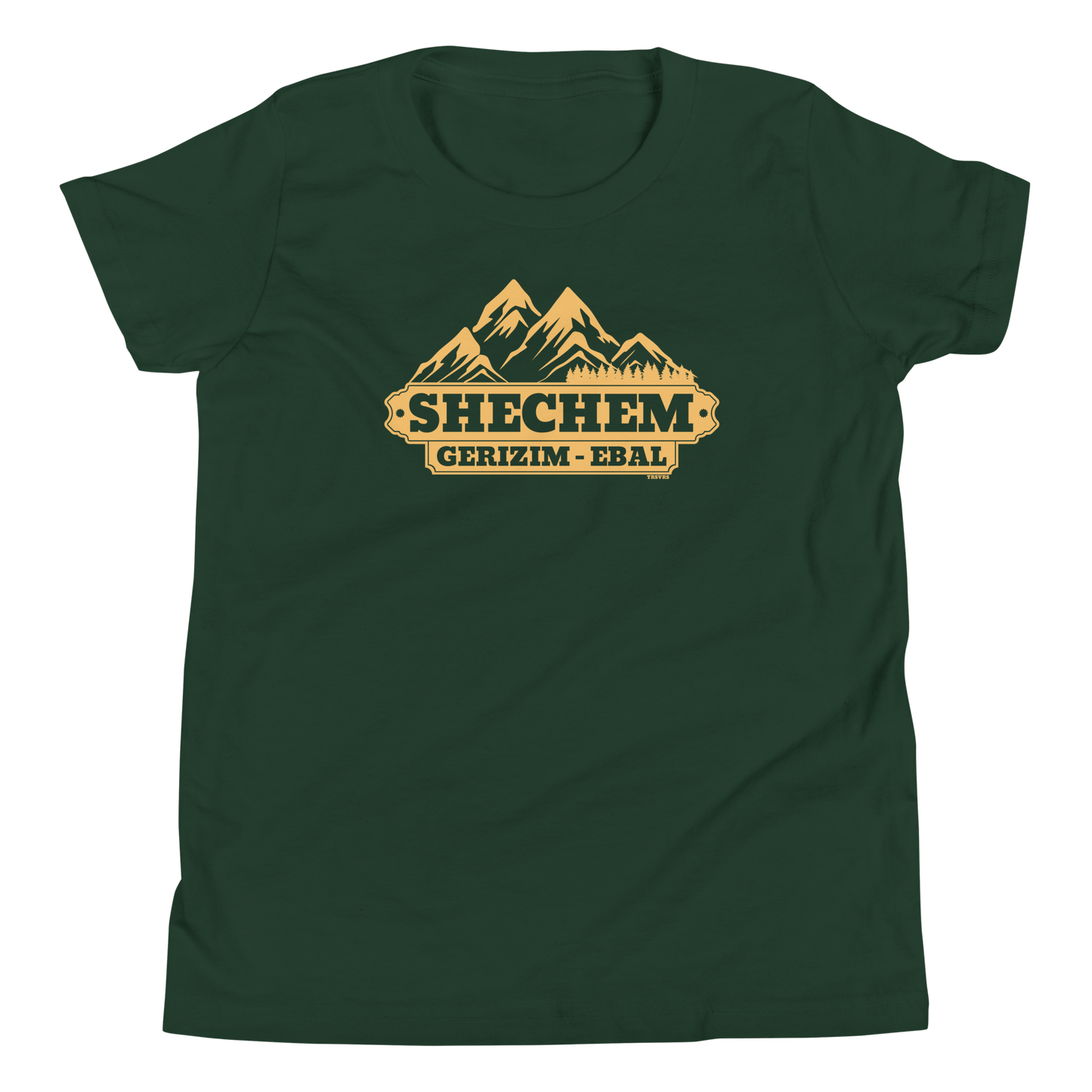 Terse Verse Christian Tee: Shechem
Forest green t-shirt with yellow design/print on chest that reads "Shechem Gerizim-Ebal" and features mountains.
Youth (Kids) Tee / Unisex
Mockup of front.