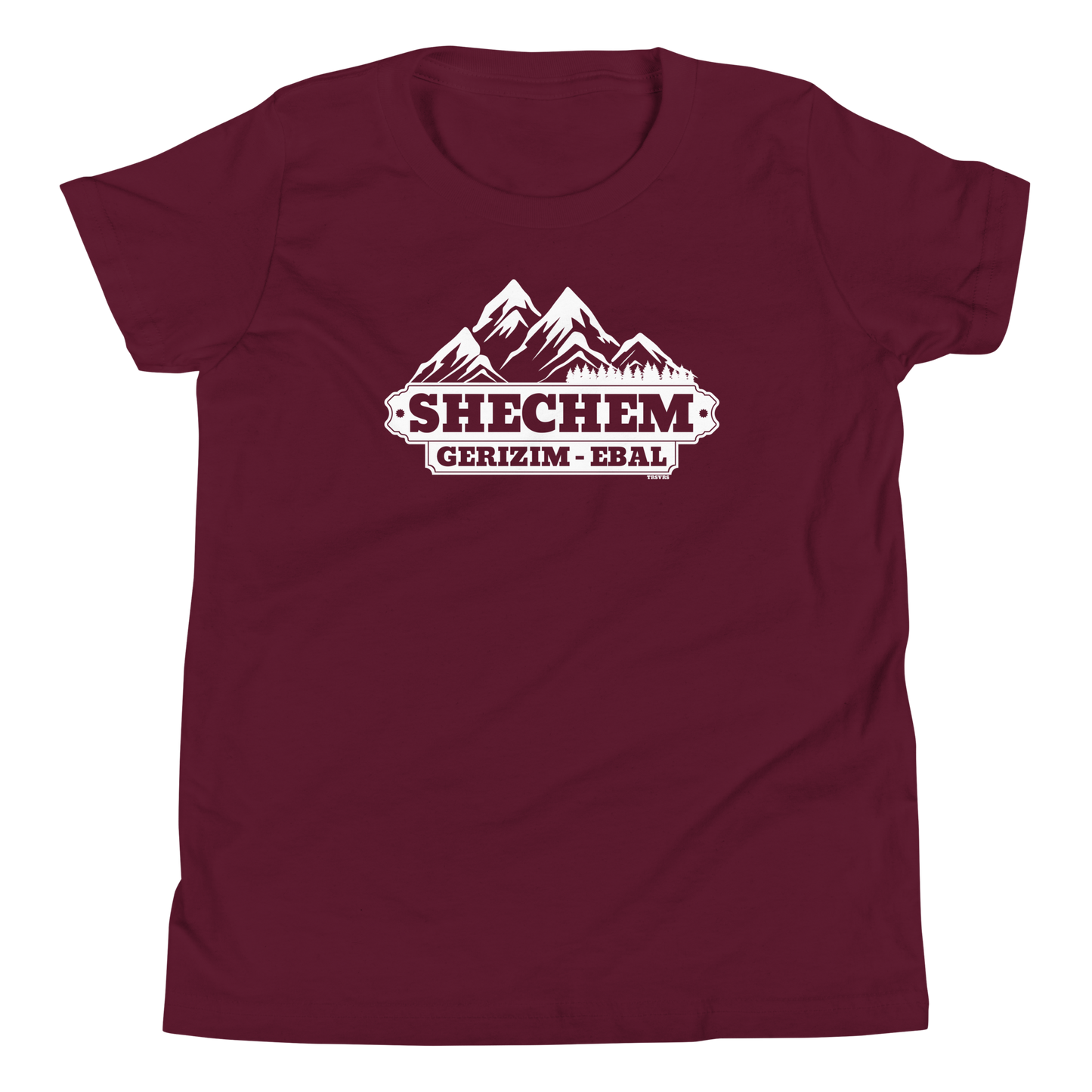 Terse Verse Christian Tee: Shechem
Maroon t-shirt with white design/print on chest that reads "Shechem Gerizim-Ebal" and features mountains.
Youth (Kids) Tee / Unisex
Mockup of front.