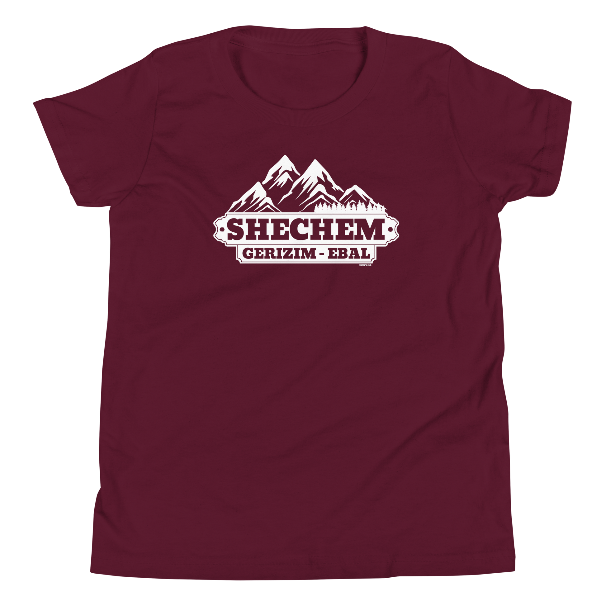 Terse Verse Christian Tee: Shechem
Maroon t-shirt with white design/print on chest that reads "Shechem Gerizim-Ebal" and features mountains.
Youth (Kids) Tee / Unisex
Mockup of front.